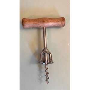 Vintage Wooden Handle‎ Metal Corkscrew Wine Opener Star Engraved Top